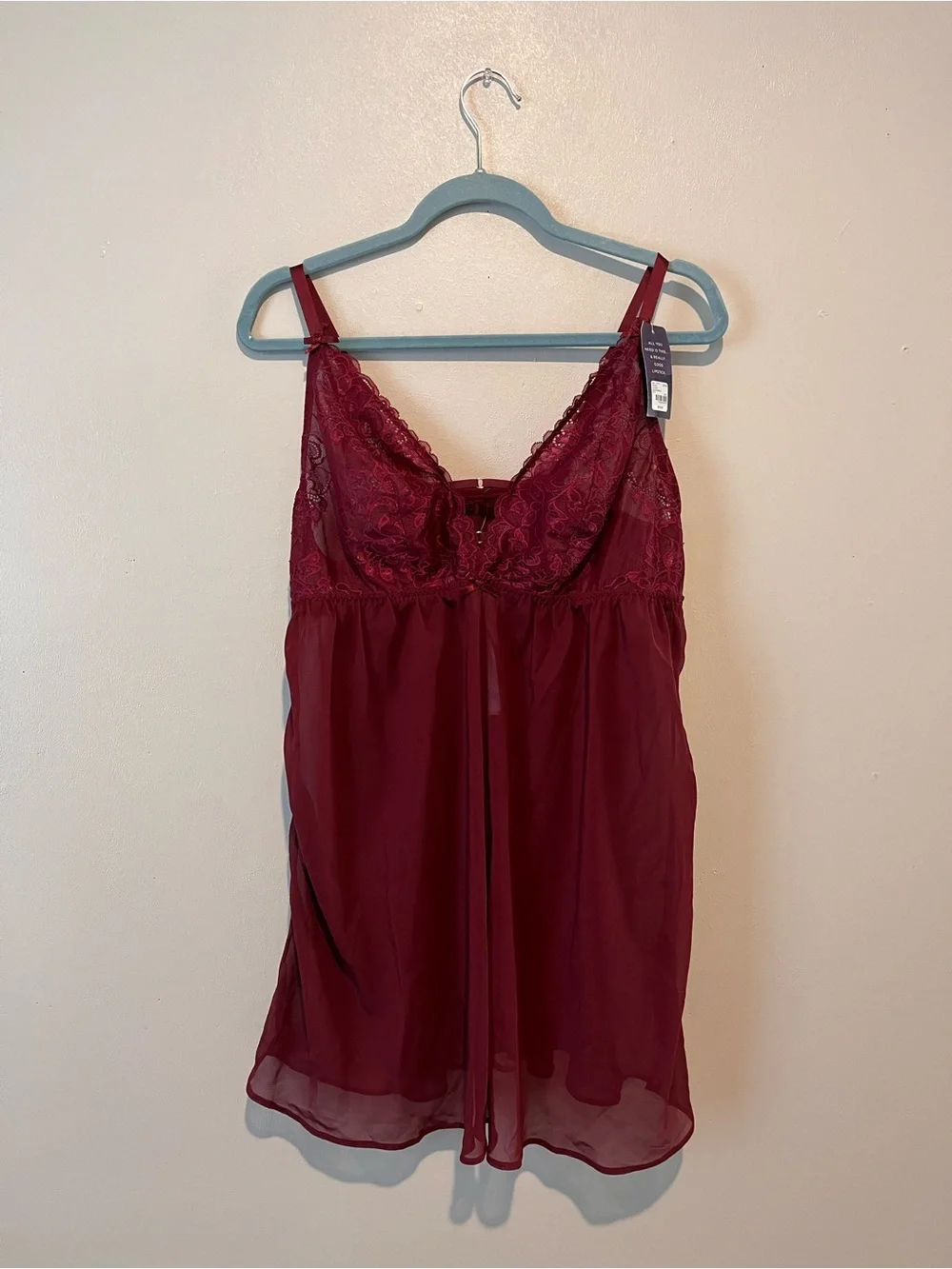 Cacique Burgundy Lace Babydoll Lingerie Set Adjustable Straps Matching Panties